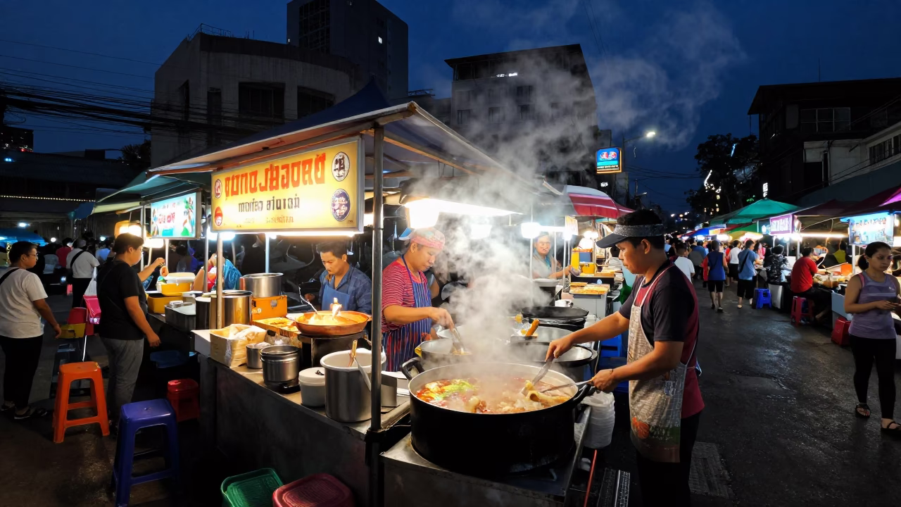 Bangkok street food stall night scene with steam and neon lights in in Bangkok, Thailand