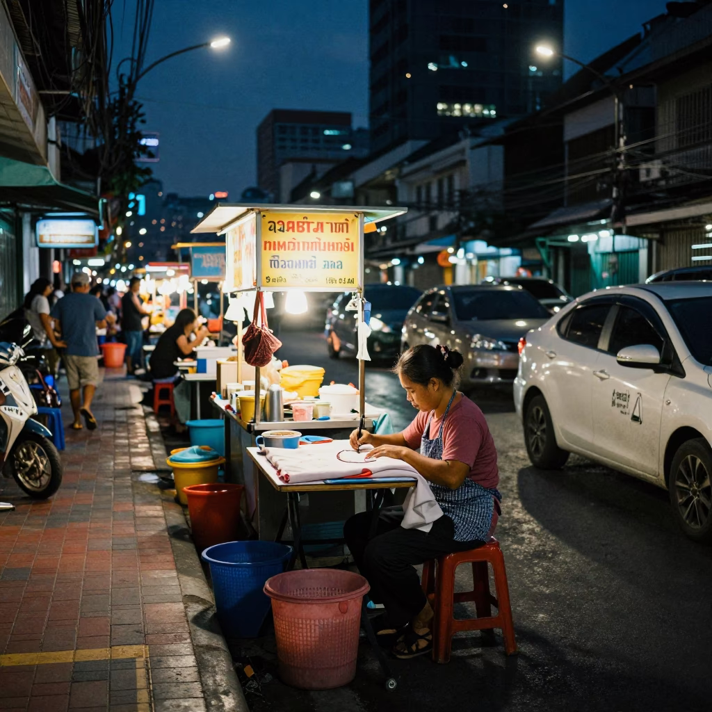 Bangkok Street Food Stall Night Scene with Worker and Lantern in in Bangkok, Thailand