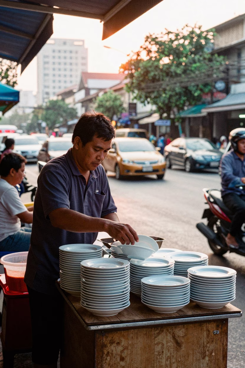Bangkok street food vendor at dawn selling saucers and folding stools in in Bangkok, Thailand