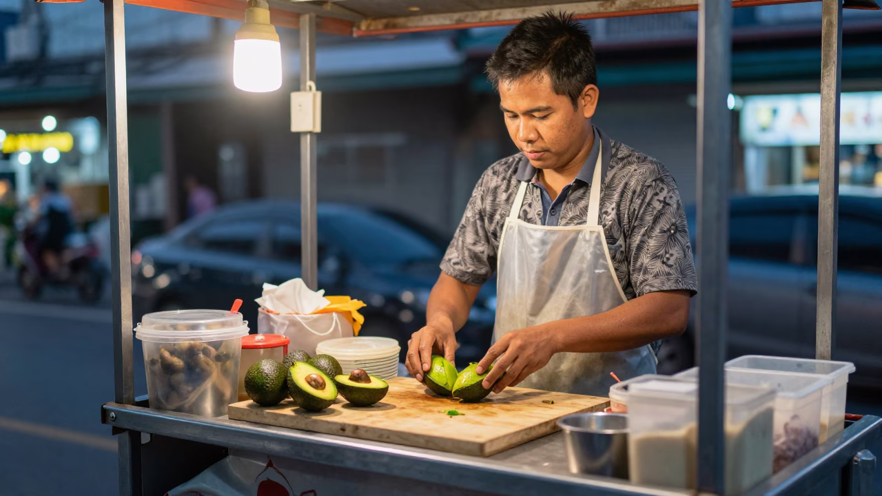 Bangkok Street Food Vendor at Dusk with Avocados and Brick Wall in in Bangkok, Thailand