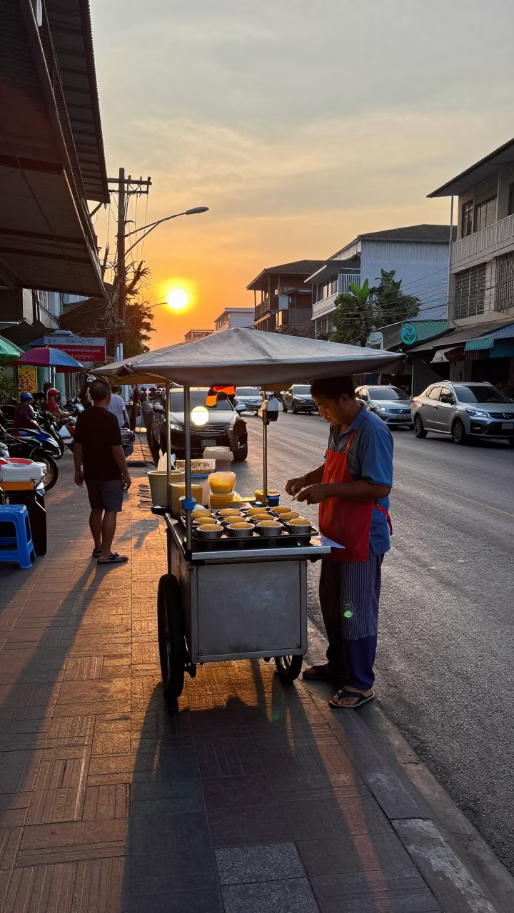 Bangkok Street Food Vendor at Dusk with Muffin Tins and Prayer Beads in in Bangkok, Thailand