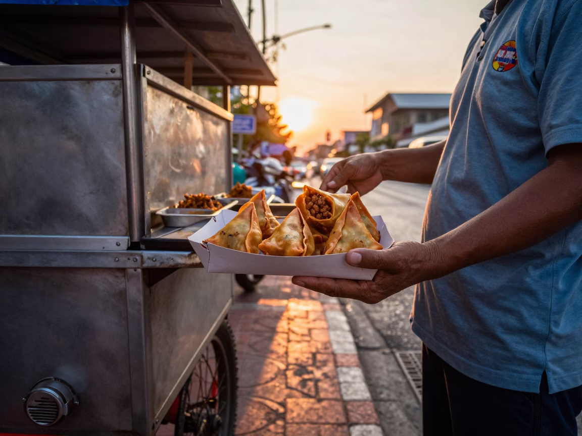 Bangkok Street Food Vendor at Sunset Selling Spiced Meat Sambusa in Thailand in in Bangkok, Thailand