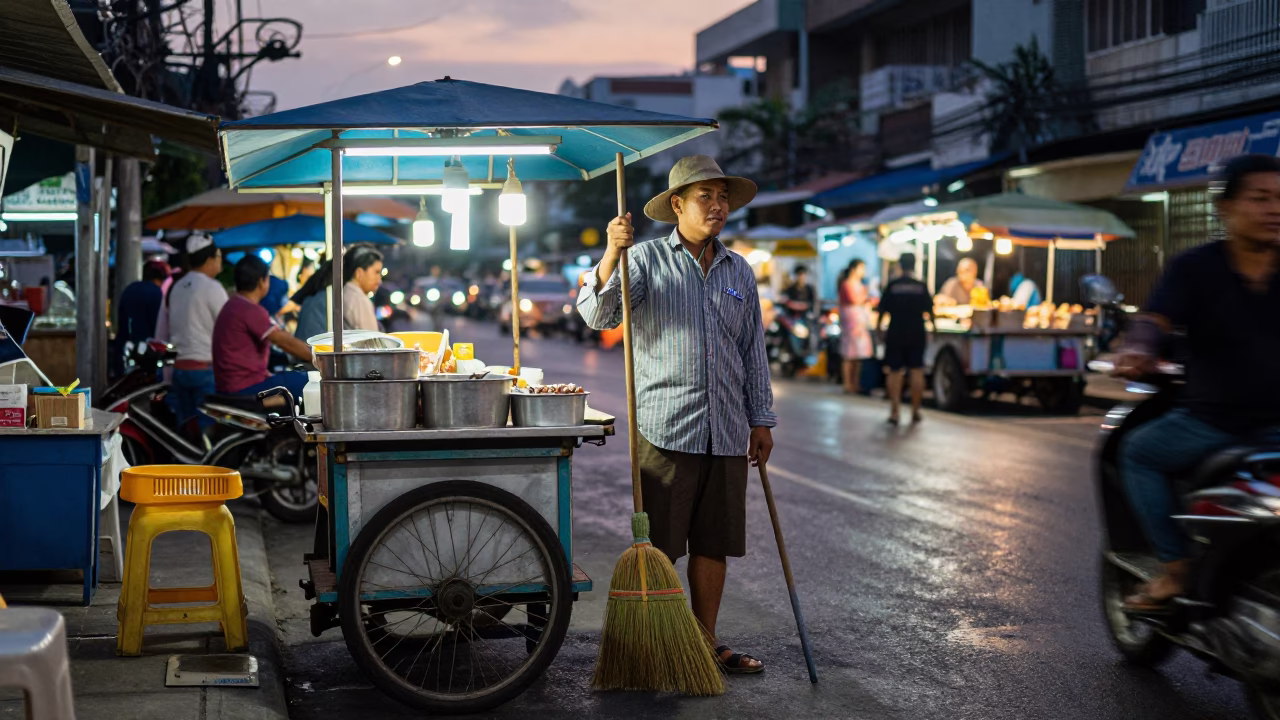 Bangkok Street Food Vendor at Twilight with Hand Broom and Grease Sheen in in Bangkok, Thailand
