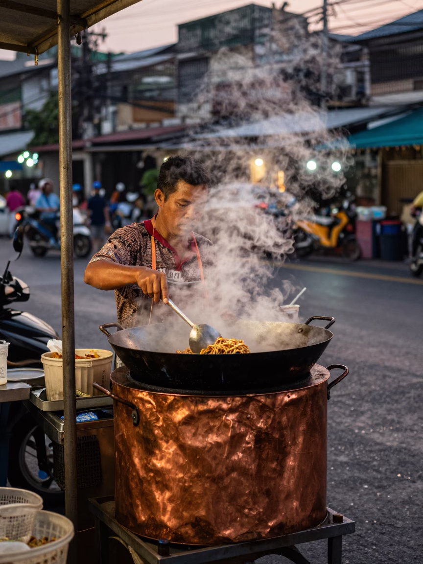 Bangkok Street Food Vendor Cooking Pad Thai in Copper Dusk Light with Saucepan in in Bangkok, Thailand