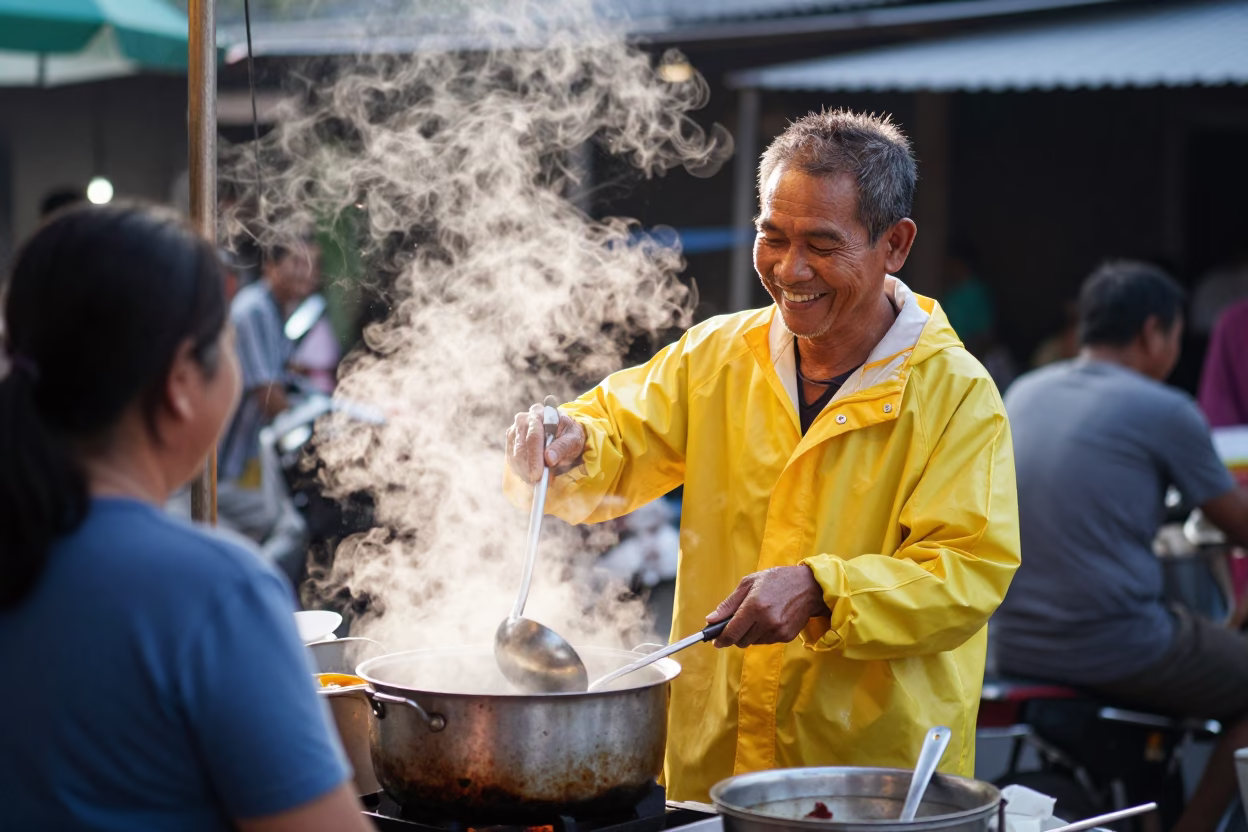 Bangkok Street Food Vendor Early Morning Smiles with Ladle and Cardamom Tea in in Bangkok, Thailand