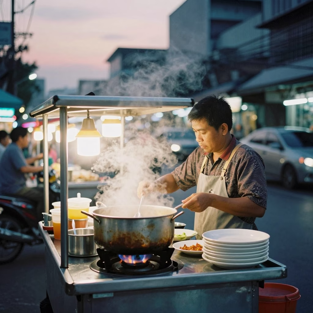 Bangkok Street Food Vendor Evening Steam Haze and Saucers at Night in in Bangkok, Thailand