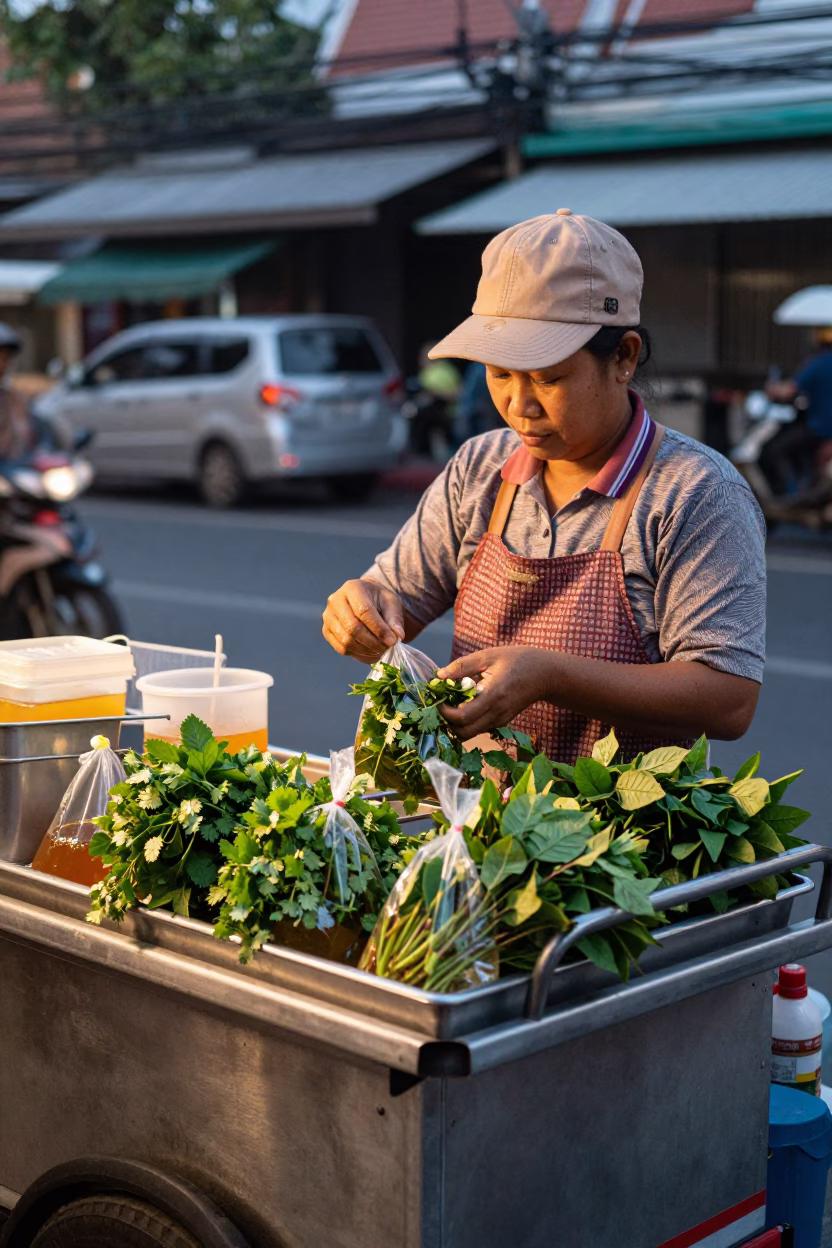Bangkok street food vendor preparing fresh herbs in honeyed evening light in in Bangkok, Thailand