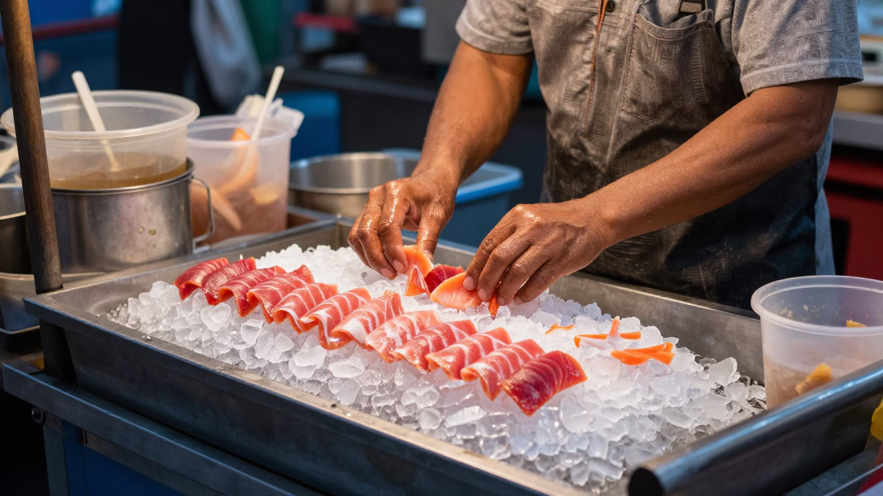Bangkok Street Food Vendor Preparing Fresh Sashimi on Ice in Honeyed Evening Light in in Bangkok, Thailand