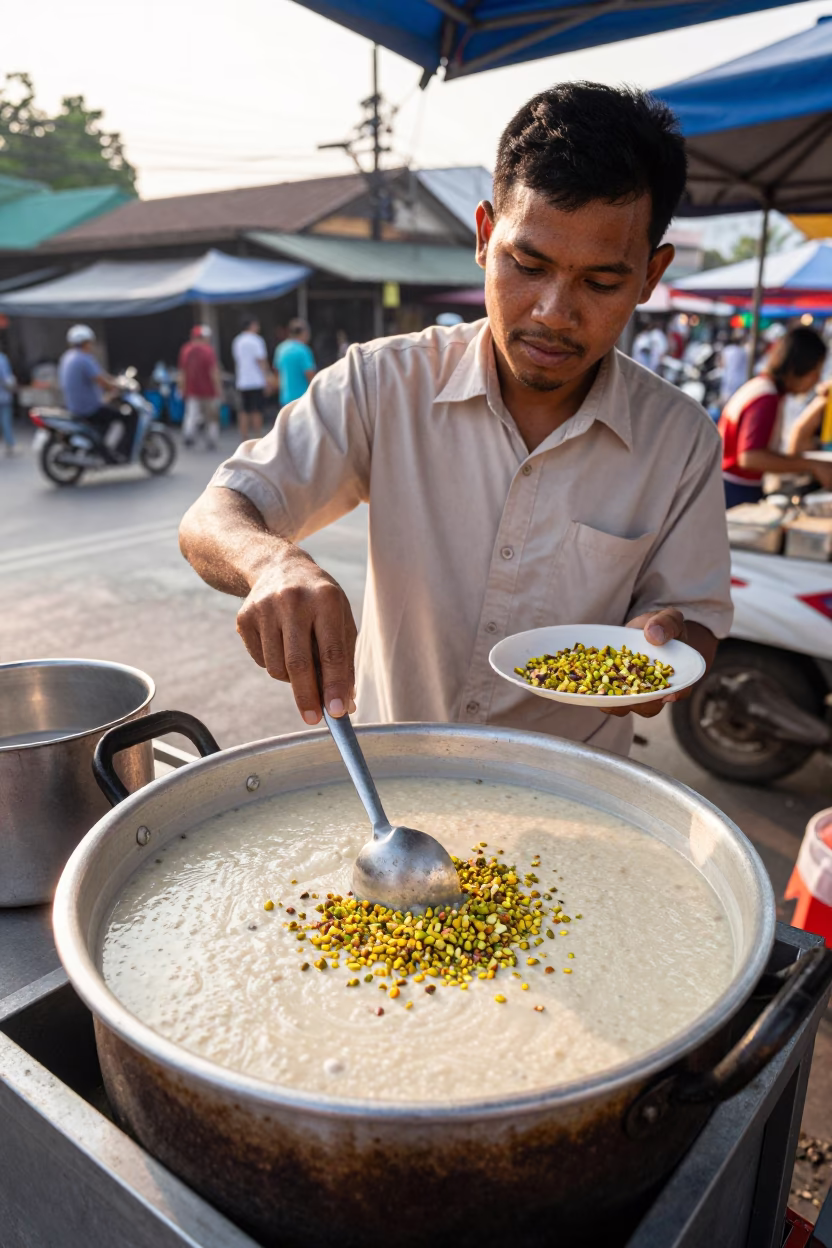 Bangkok street food vendor preparing hot kheer with pistachios just after sunrise in in Bangkok, Thailand