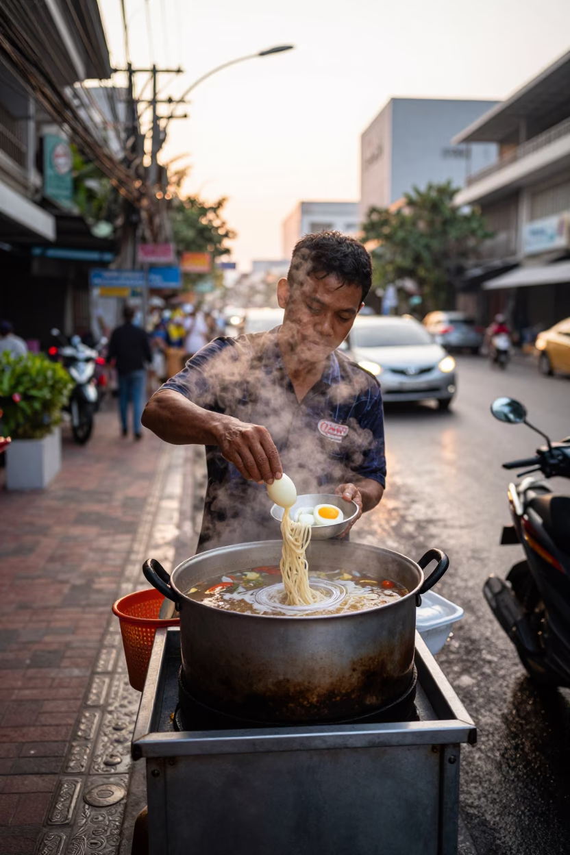 Bangkok street food vendor preparing noodles with soft boiled egg at dawn in in Bangkok, Thailand