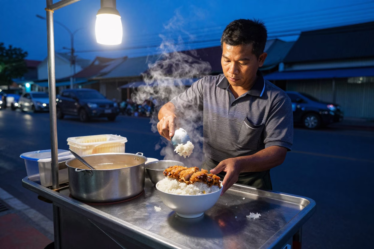 Bangkok street food vendor preparing rice bowls under blue hour twilight in in Bangkok, Thailand