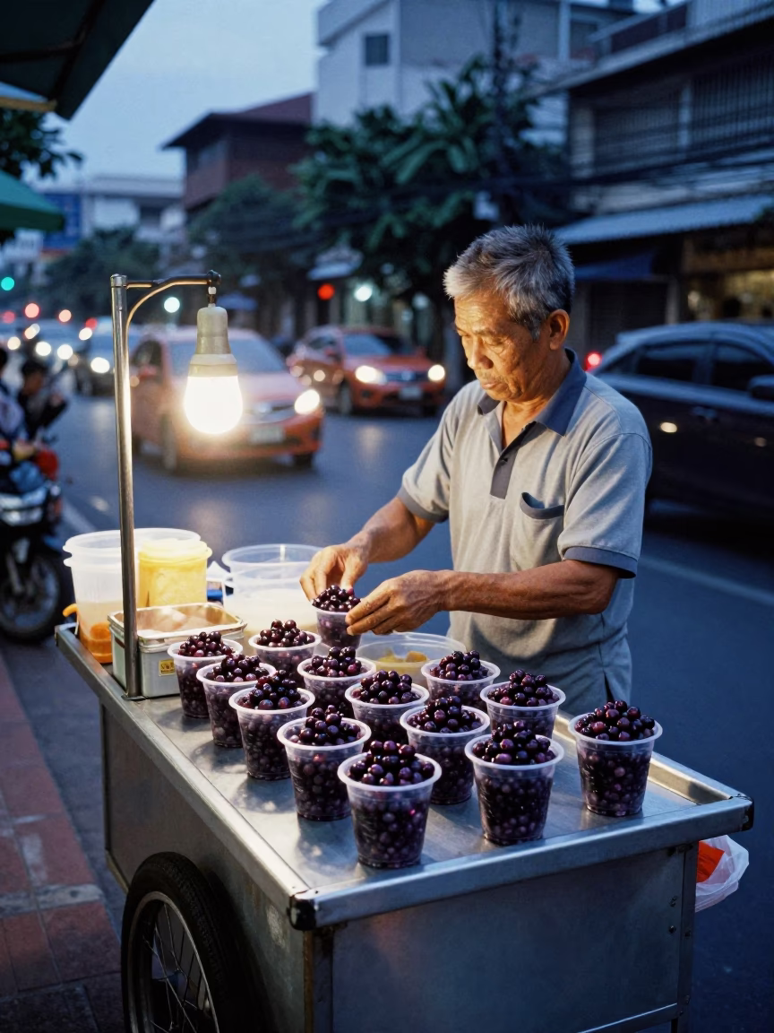 Bangkok street food vendor selling açaí palm berries in indigo twilight in in Bangkok, Thailand