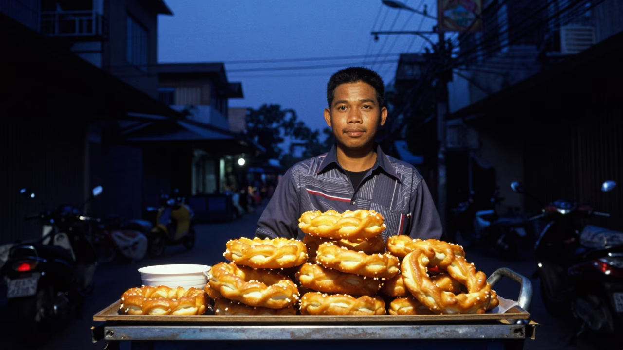 Bangkok Street Food Vendor Selling Mandazi Before Dawn in Thailand in in Bangkok, Thailand