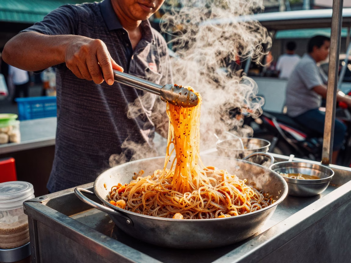 Bangkok street food vendor serving glass noodle dish in early afternoon light in in Bangkok, Thailand