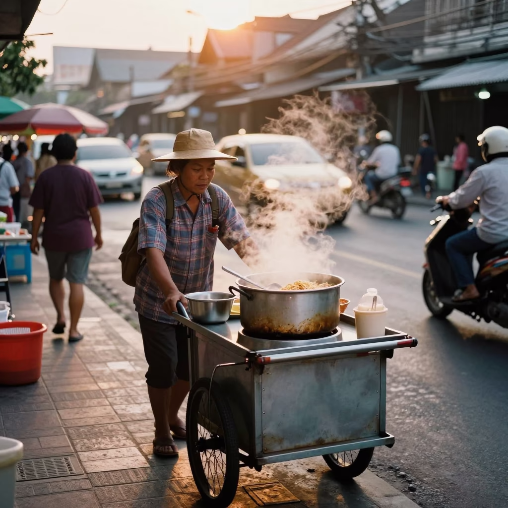 Bangkok street food vendor serving hot noodles with steam rising during golden hour sunset in in Bangkok, Thailand