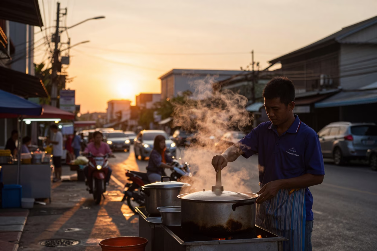 Bangkok Street Food Vendor Serving Hot Soup at Sunset in Thailand in in Bangkok, Thailand
