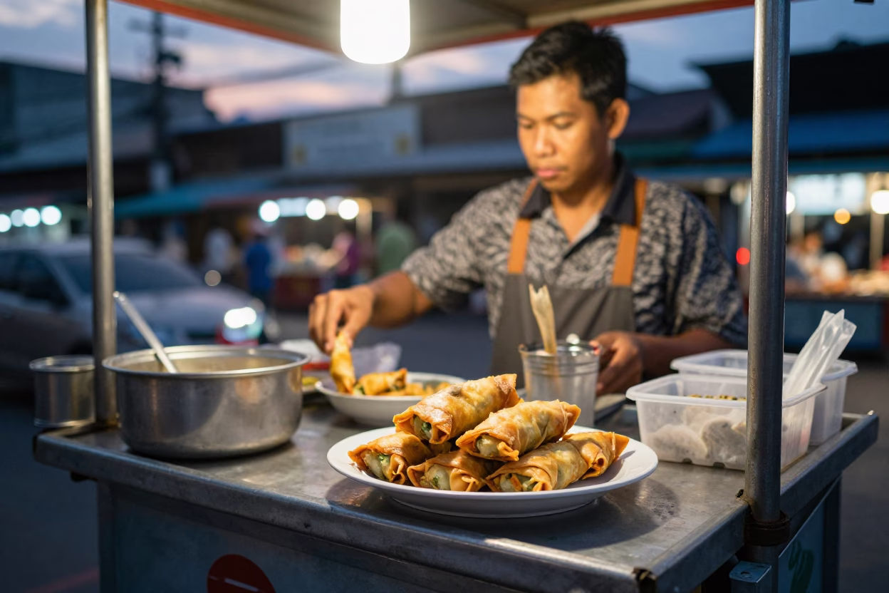 Bangkok Street Food Vendor Serving Lumpia at Twilight with Neon Lights in in Bangkok, Thailand