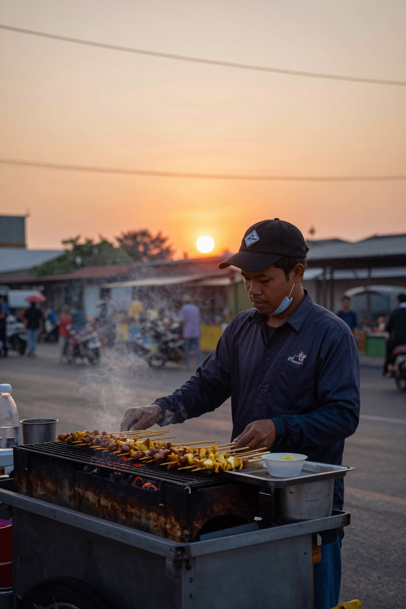 Bangkok Street Food Vendor Serving Satay Skewers Over Charcoal at Sunset in in Bangkok, Thailand
