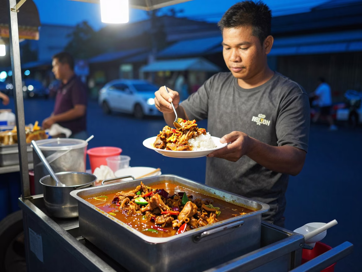 Bangkok street food vendor serving spicy chicken stew in evening blue light in in Bangkok, Thailand