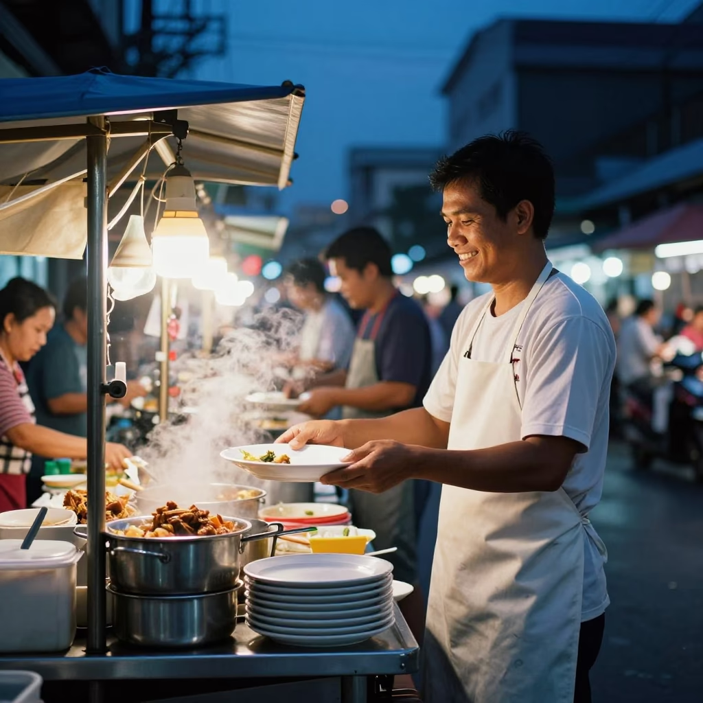 Bangkok street food vendor serving steaming plates under evening blue hour twilight in in Bangkok, Thailand