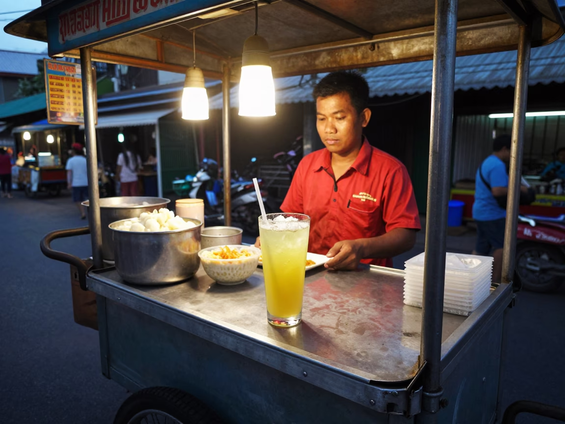 Bangkok street food vendor serving sugarcane juice and kheer in early evening twilight in in Bangkok, Thailand