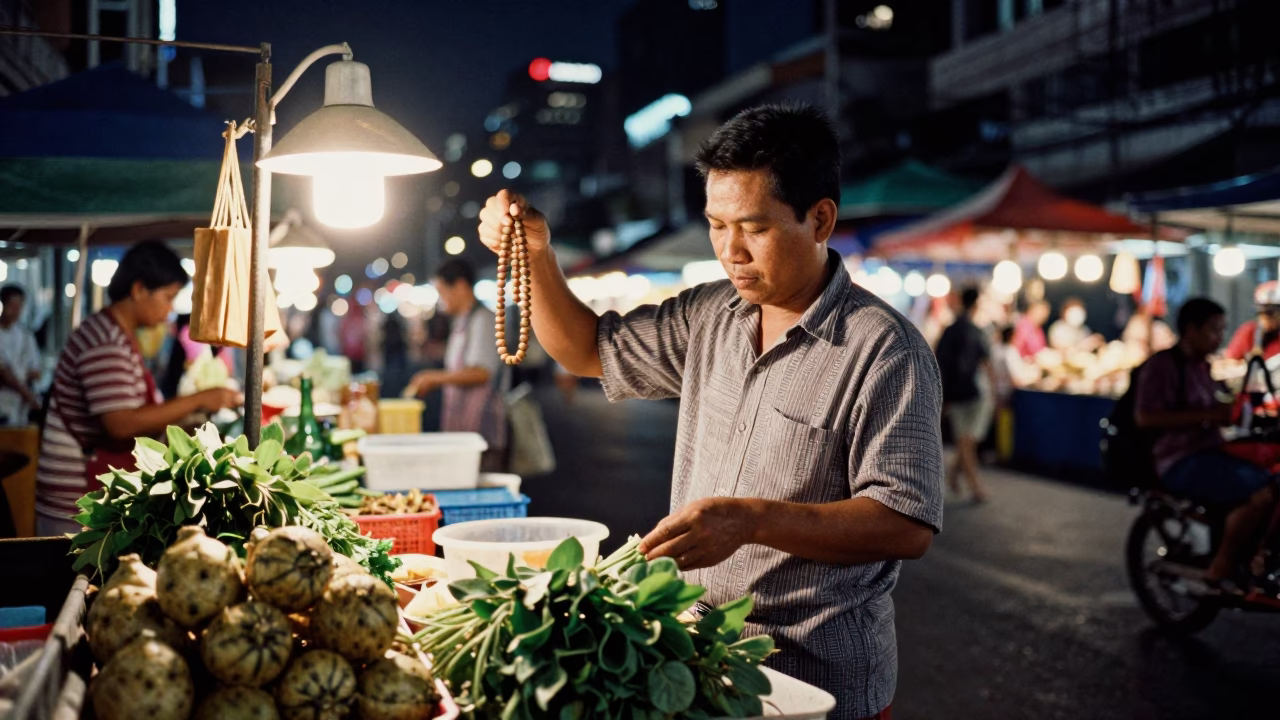 Bangkok Street Night Market Vendor with Prayer Beads and Glass Steel Train Station Background in in Bangkok, Thailand