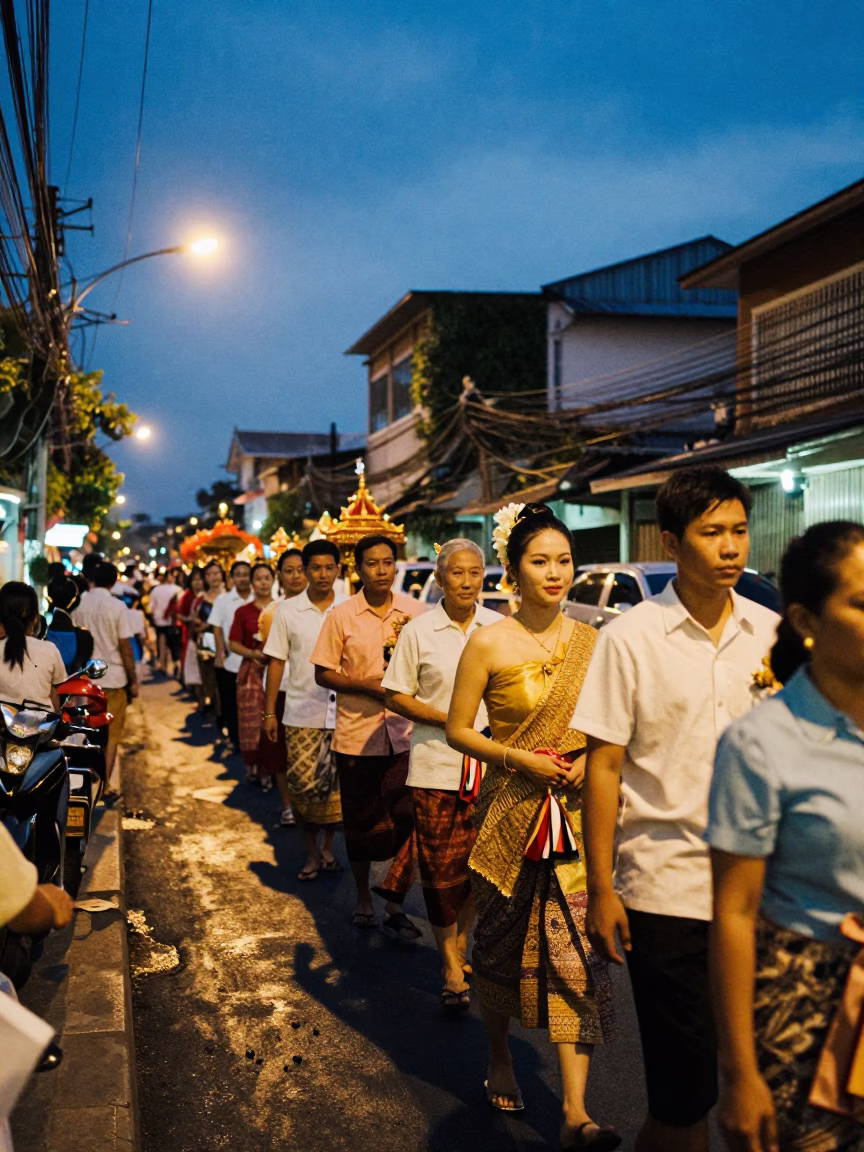 Bangkok Street Scene at Blue Hour with Traditional Wedding Procession and Linen Fringe in in Bangkok, Thailand