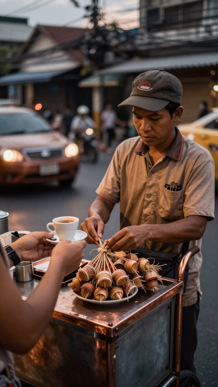 Bangkok Street Scene at Dusk with Espresso Cup and Frayed Rope in in Bangkok, Thailand