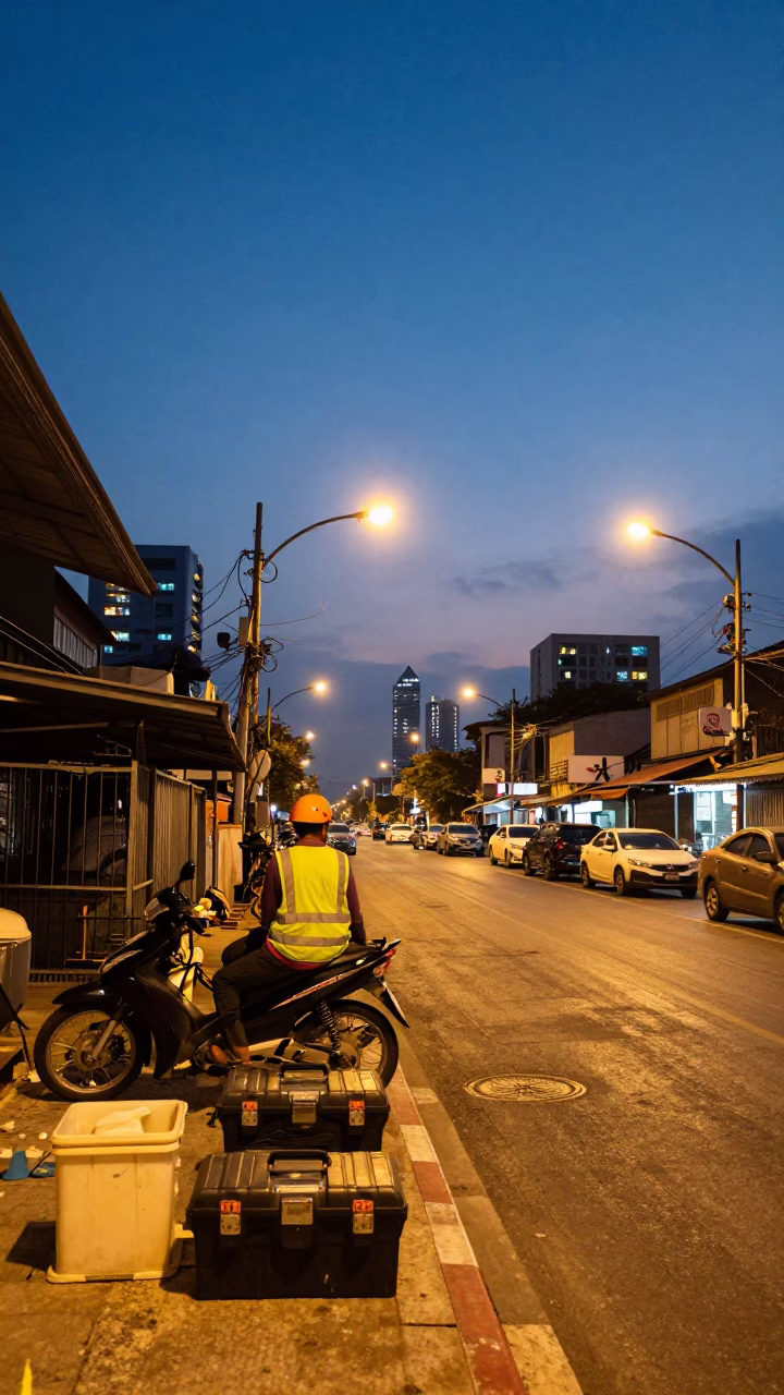 Bangkok Street Scene at Dusk with Toolboxes and Construction Activity in in Bangkok, Thailand