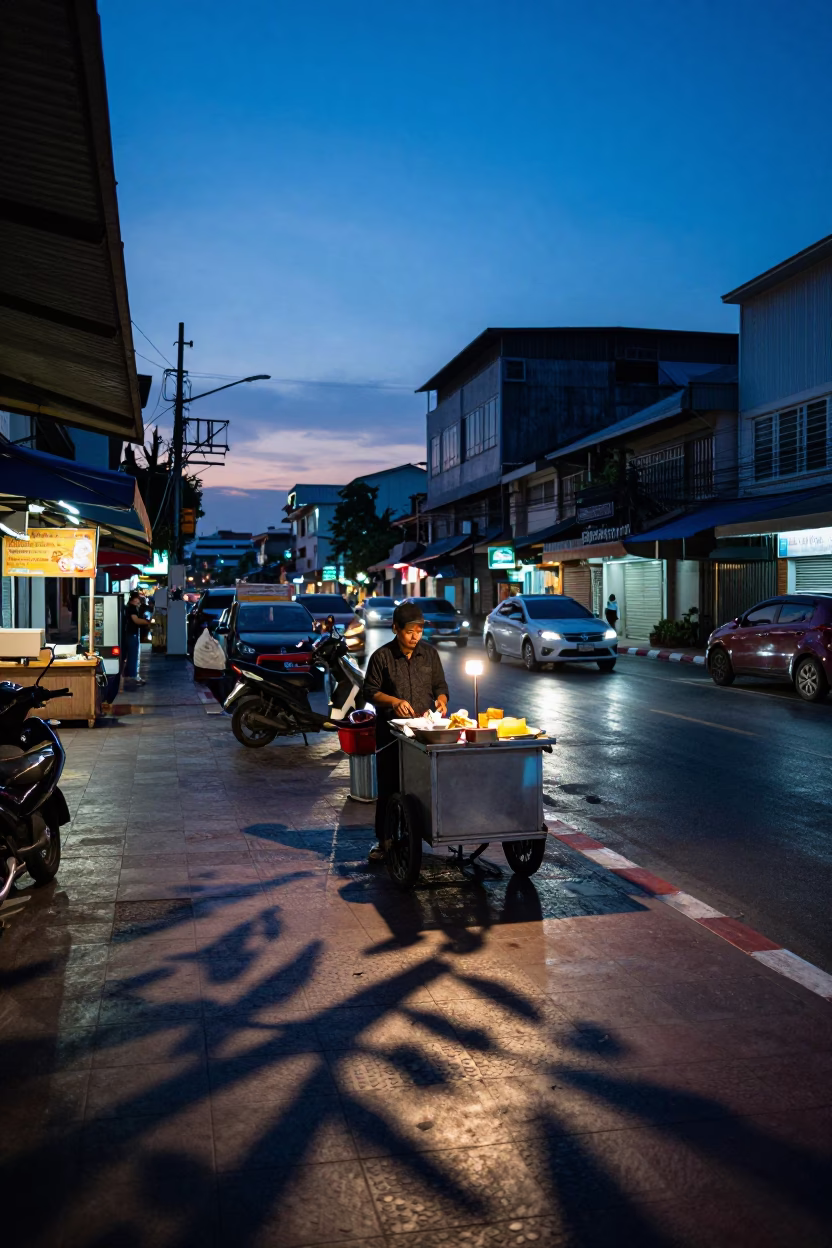 Bangkok Street Scene at Indigo Twilight After Sunset in in Bangkok, Thailand