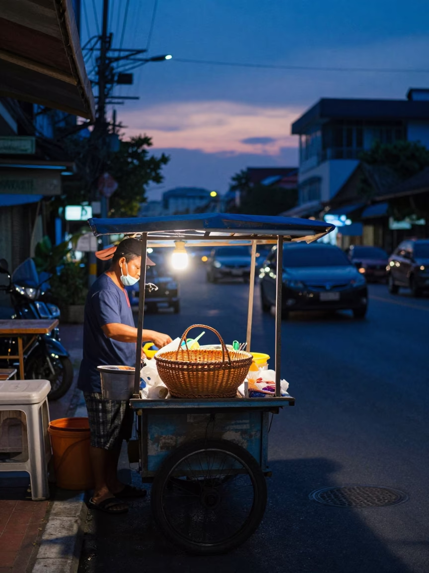 Bangkok Street Scene at Indigo Twilight After Sunset in in Bangkok, Thailand