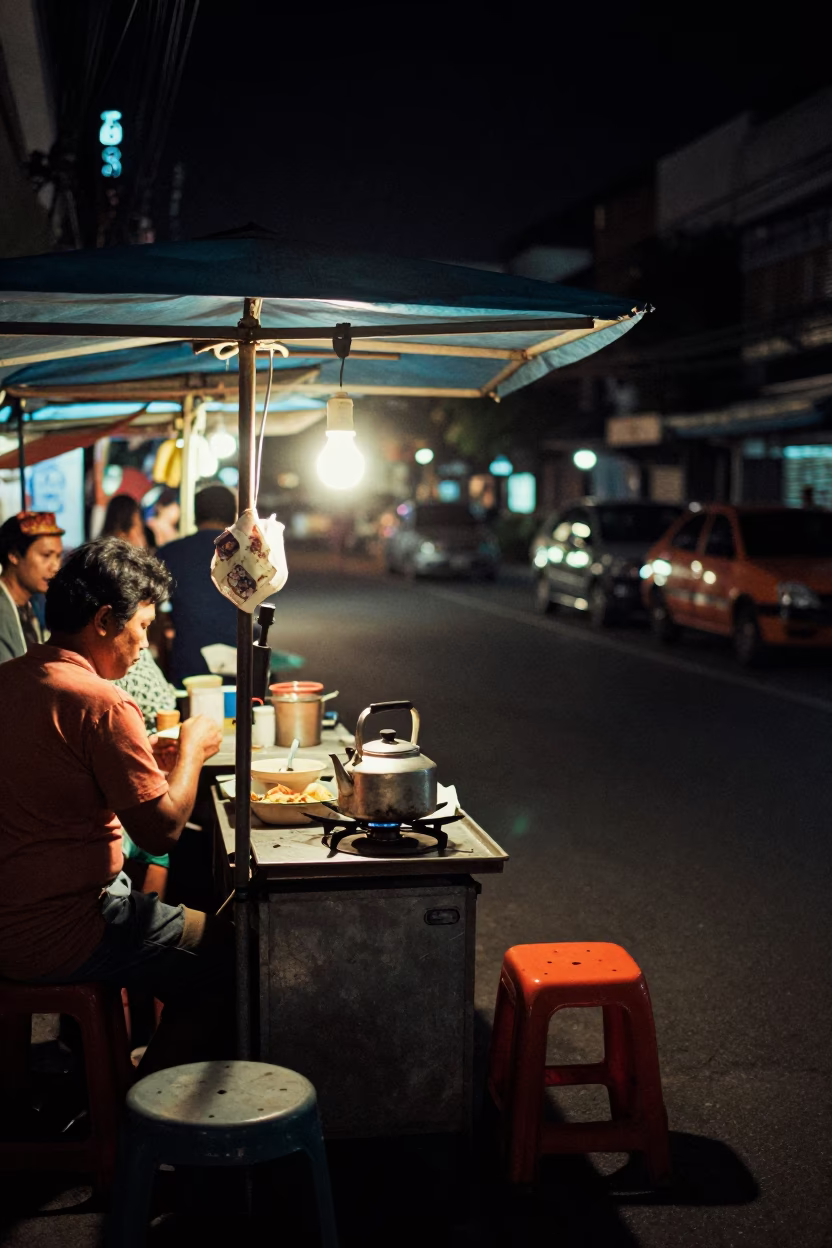 Bangkok Street Scene at Late At Night Light in in Bangkok, Thailand
