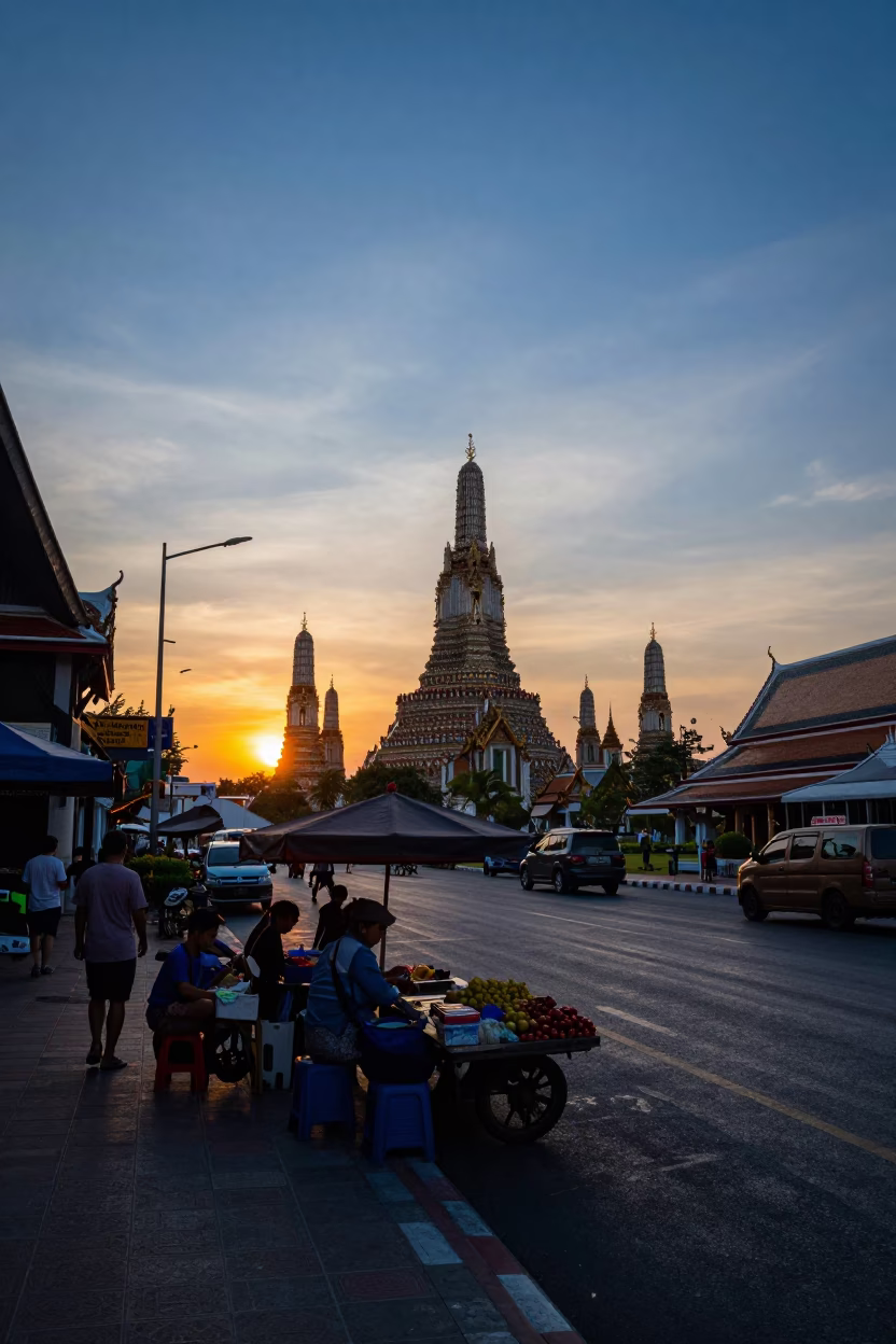 Bangkok Street Scene at Sunset with Local Vendor and Traditional Architecture in in Bangkok, Thailand