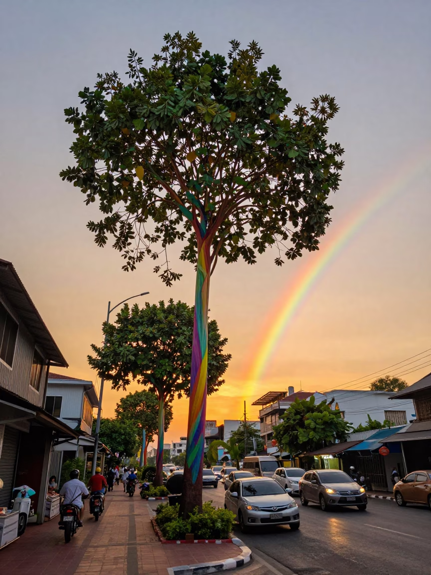 Bangkok Street Scene at Sunset with Rainbow Eucalyptus and Local Life in in Bangkok, Thailand