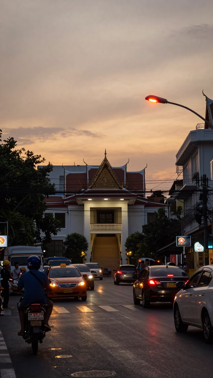 Bangkok street scene at sunset with red bulb lighting and overpass taillights in in Bangkok, Thailand