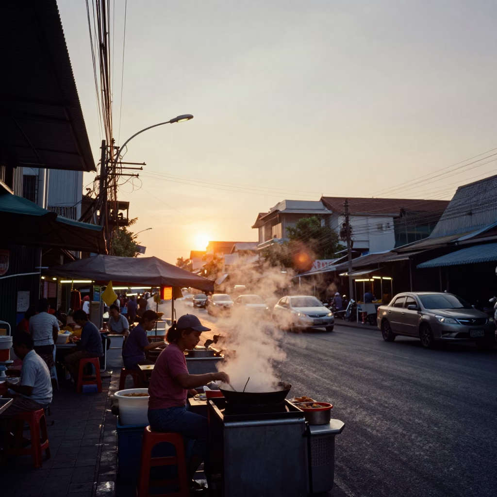 Bangkok Street Scene at Sunset with Steam from Food Stall and Brushed Steel Rail in in Bangkok, Thailand