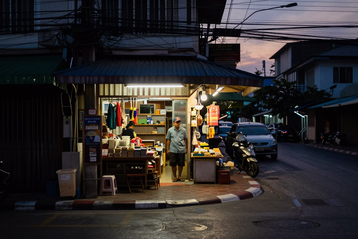 Bangkok Street Scene at The Still Hours Before Dawn Light in in Bangkok, Thailand