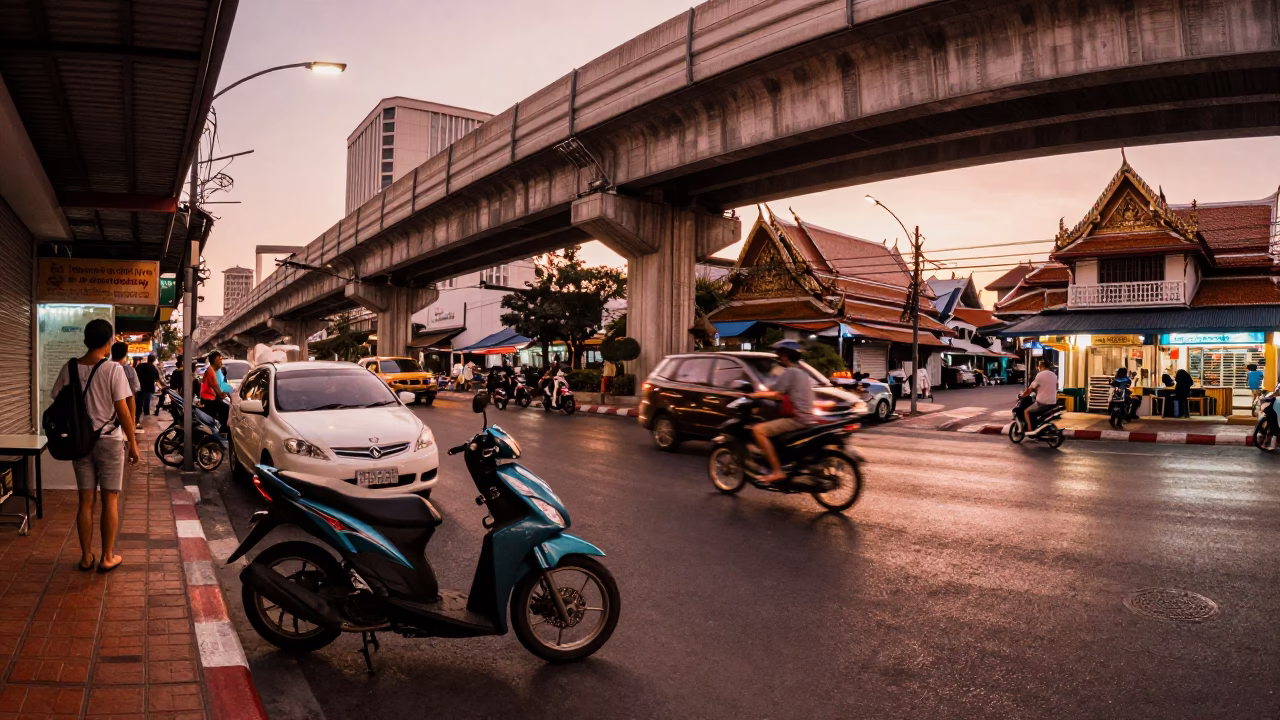 Bangkok Street Scene Before Dusk with Scooter and Overpass Taillights in in Bangkok, Thailand