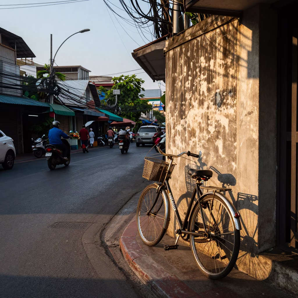 Bangkok Street Scene Late Afternoon Light with Bicycle and Urban Details in in Bangkok, Thailand