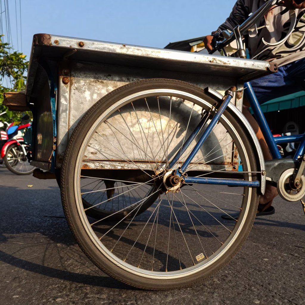 Bangkok Street Scene Late Afternoon Light with Dented Metal Rim Catching Sun in in Bangkok, Thailand