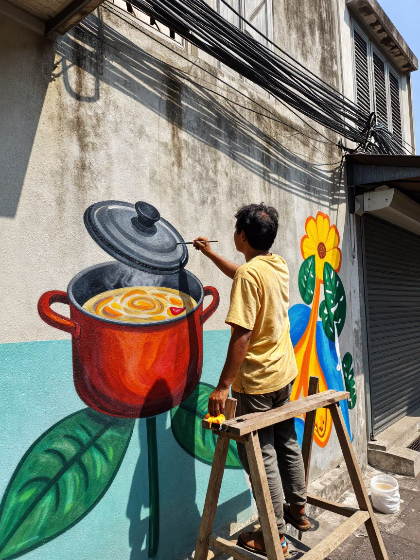 Bangkok Street Scene Midday Artist Painting Mural with Saucepan Nearby in in Bangkok, Thailand