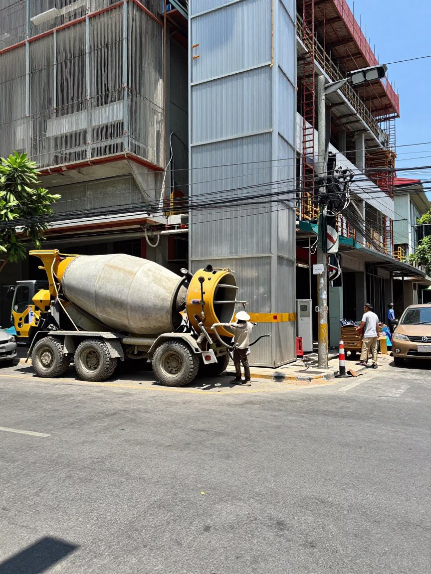 Bangkok street scene midday construction site with cement mixer and onions in in Bangkok, Thailand