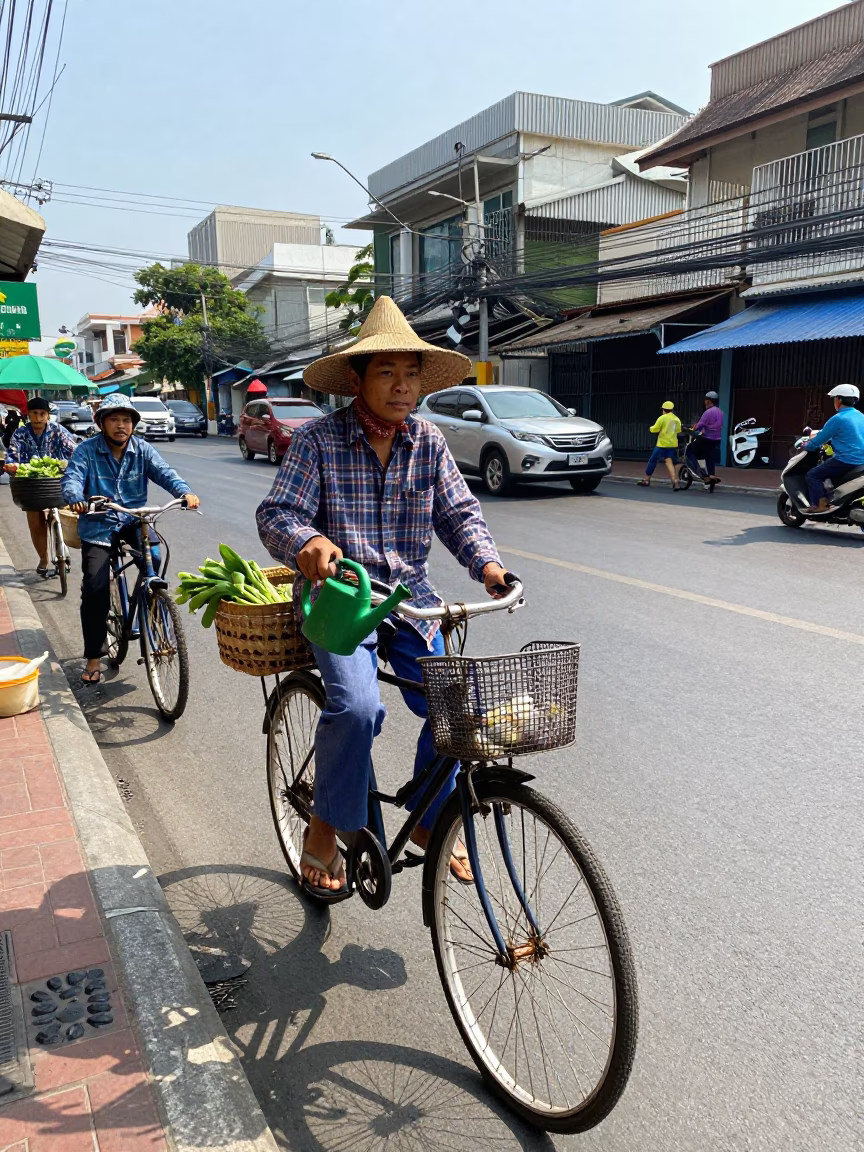 Bangkok Street Scene Midmorning with Bicycle Basket and Watering Jug in in Bangkok, Thailand