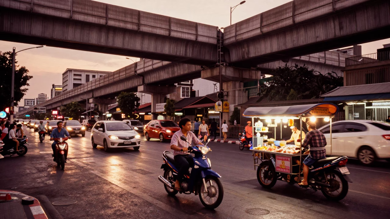Bangkok Street Scene with Highway Flyover and Copper Dusk Light in in Bangkok, Thailand