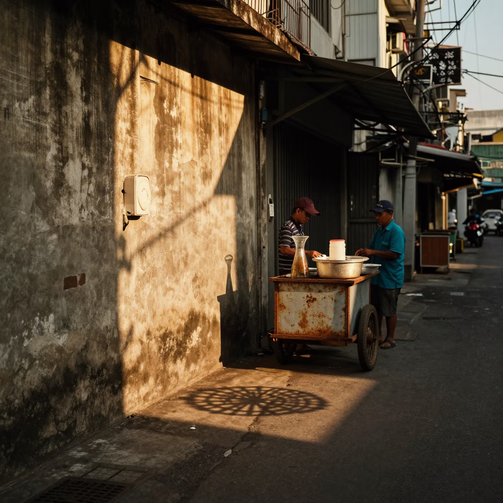 Bangkok street scene with vintage carafe and wicker shadow in honeyed evening light in in Bangkok, Thailand