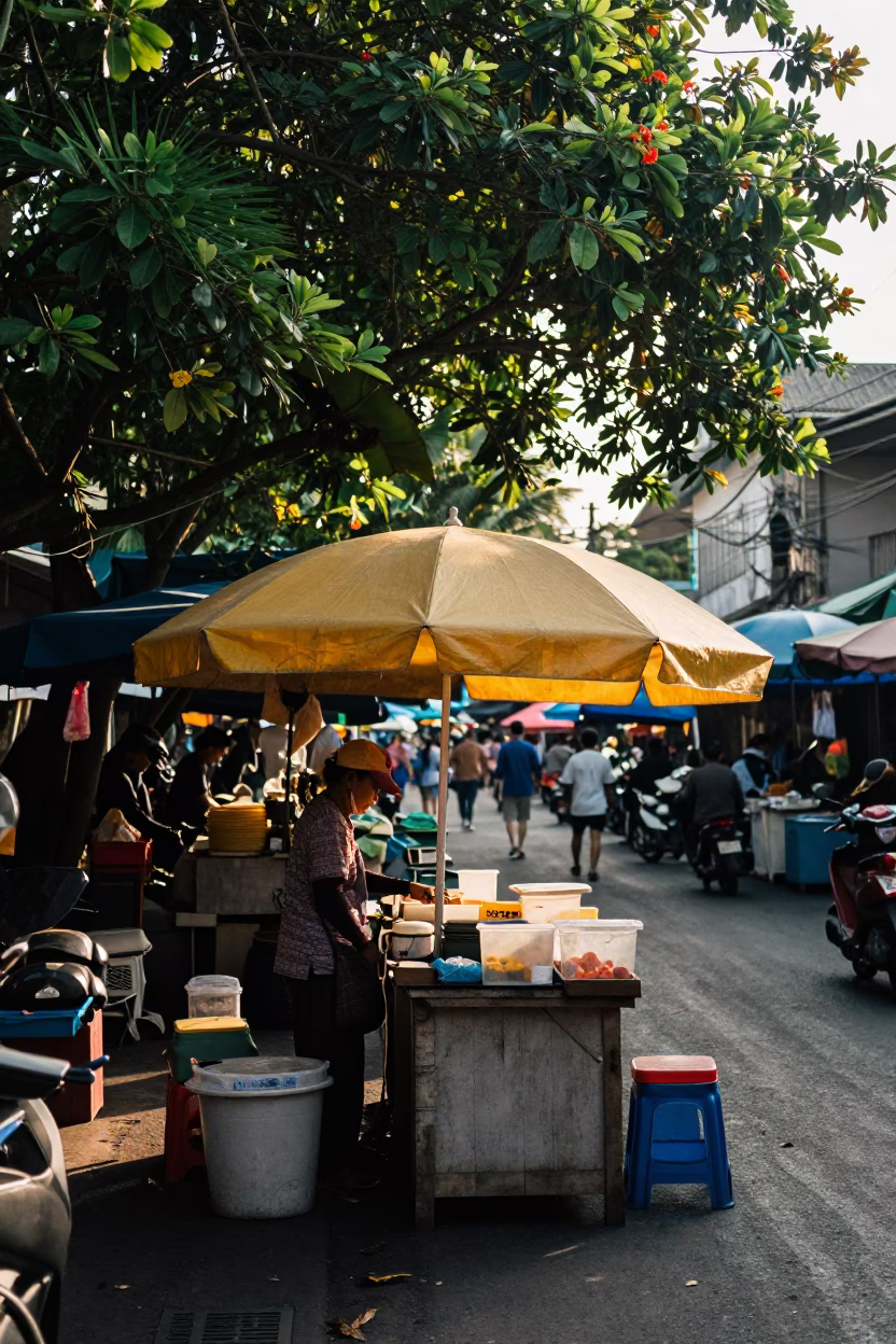 Bangkok Street Stall at As First Light Reaches The Scene in in Bangkok, Thailand