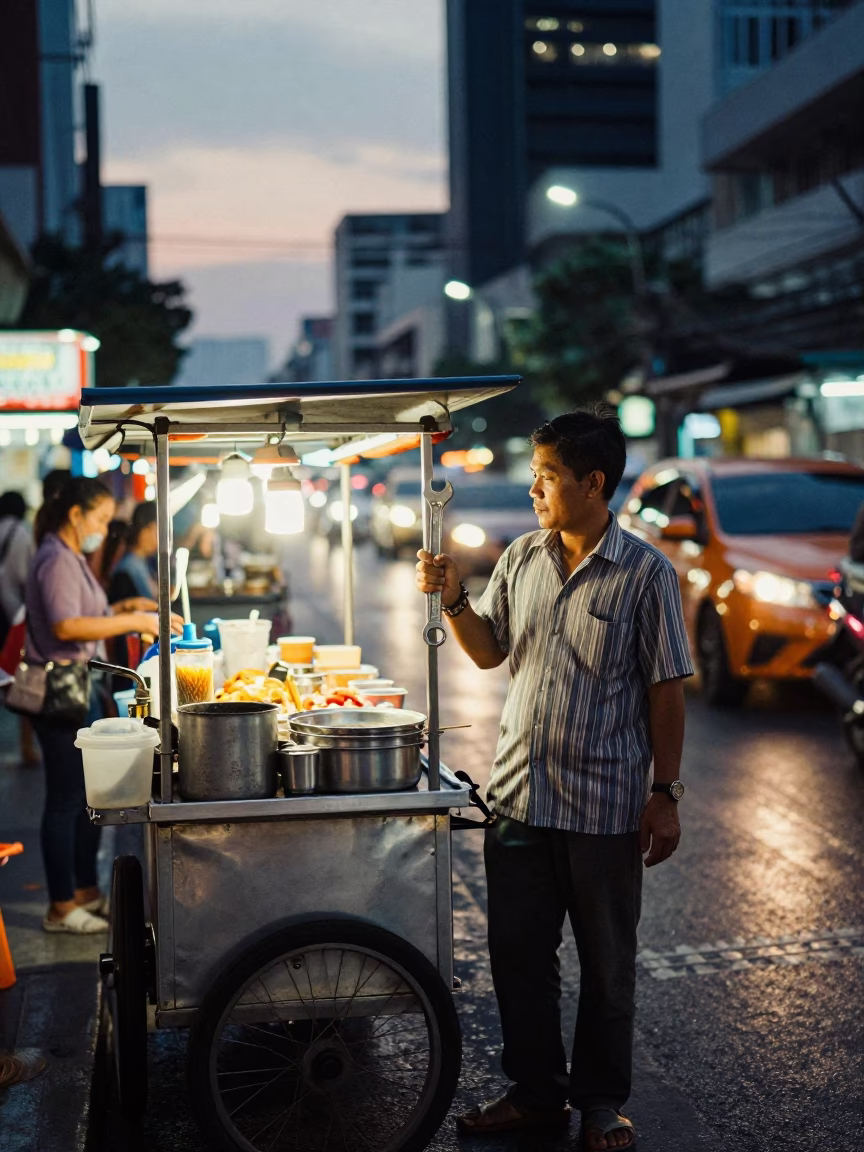 Bangkok Street Vendor at Dusk with Wrench and Grease on Metal Runner in in Bangkok, Thailand