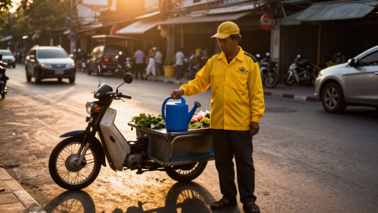Bangkok Street Vendor at Sunset with Watering Jug and Motorcycle Traffic in in Bangkok, Thailand