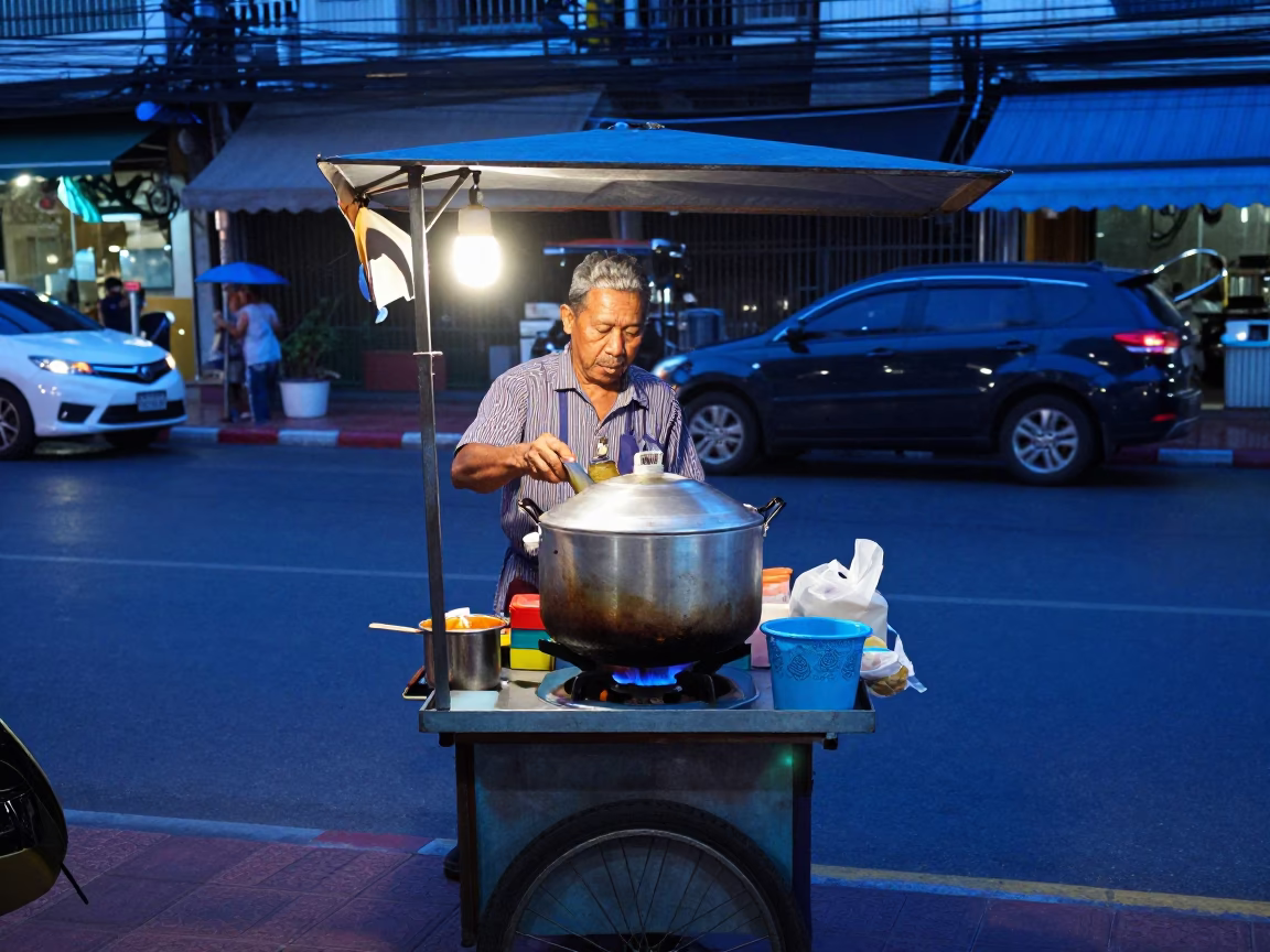 Bangkok Street Vendor Cooking Pot in Indigo Twilight After Sunset in in Bangkok, Thailand