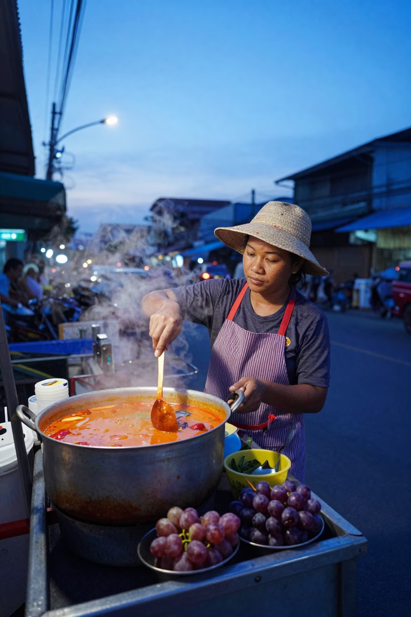 Bangkok Street Vendor Dawn Curry and Grapes Before Sunrise in in Bangkok, Thailand